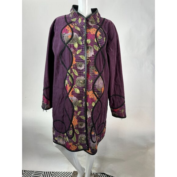 Reversible Vintage 80s Womens Coat With Floral Quilted Pattern & Black Faux Leat - Picture 11 of 16